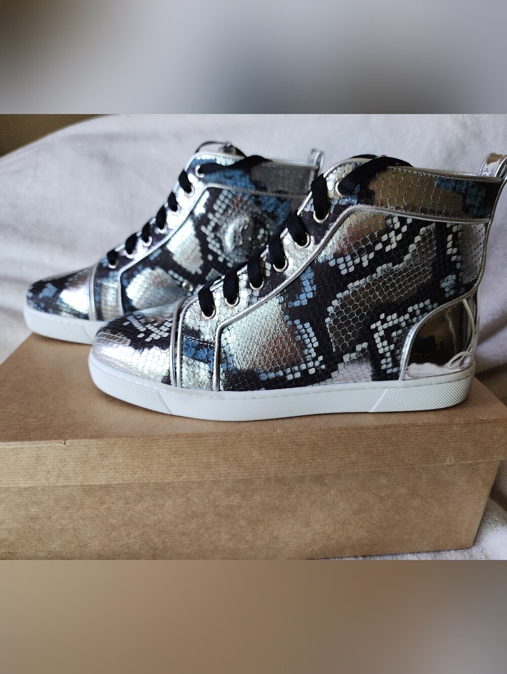 Christian Louboutin Women's Louis Orlato Silver/blue Snakeskin High Top Sneakers